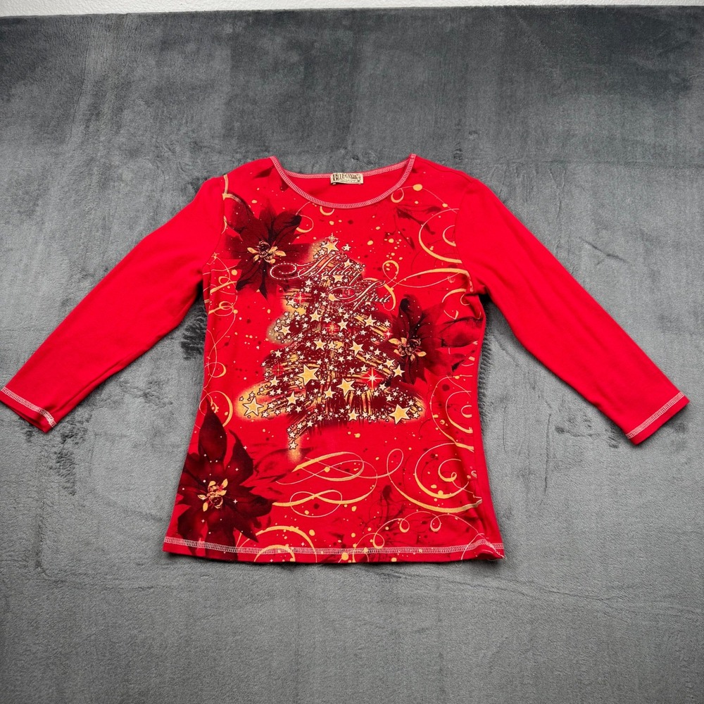 Blue Canyon Vintage Christmas Tree Poinsettia Red Long Sleeve Top Medium